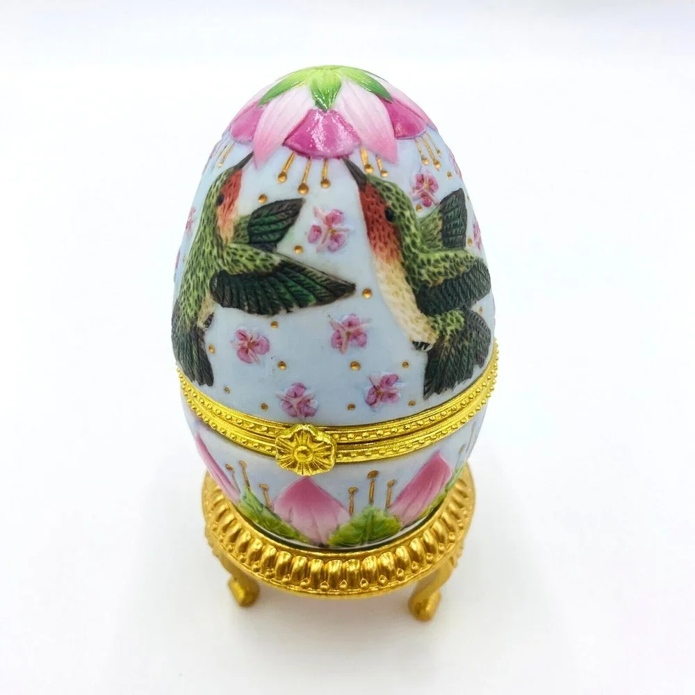 Vintage Porcelain Egg Hummingbird Club Floral Trinket Box w/ Gold Colored Stand - Picture 1 of 9